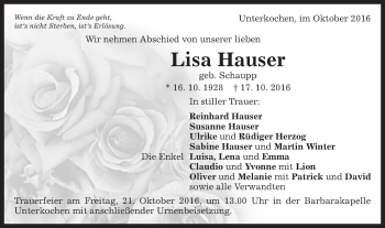 Traueranzeige von Lisa Hauser von Schwäbische Post