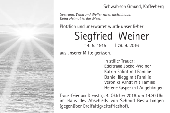 Traueranzeige von Siegfried Weiner von Gmünder Tagespost