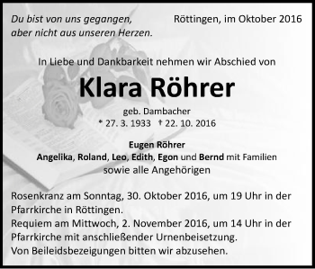 Traueranzeige von Klara Röhrer von Schwäbische Post