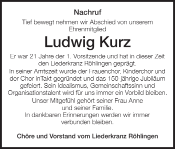 Traueranzeige von Ludwig Kurz von Schwäbische Post