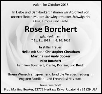 Traueranzeige von Rose Borchert von Schwäbische Post