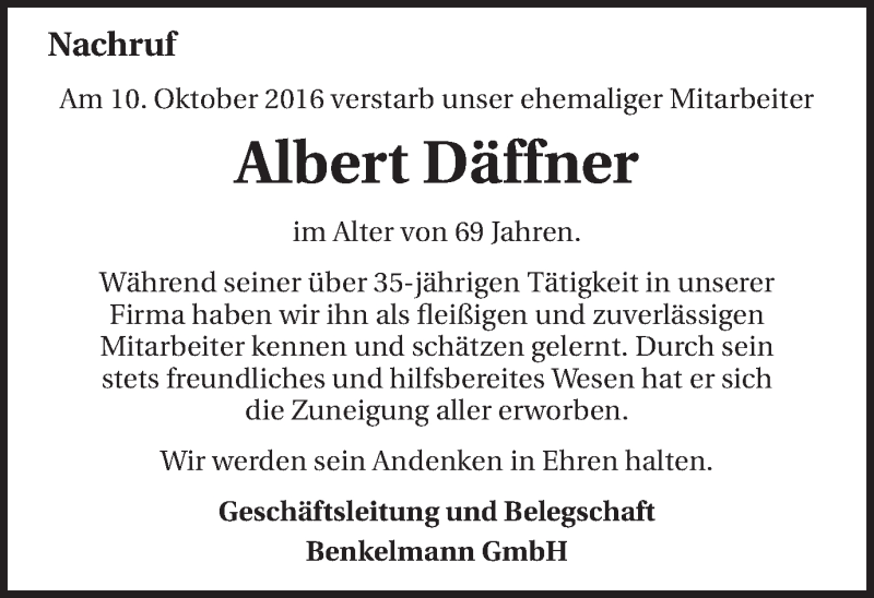  Traueranzeige für Albert Däffner vom 12.10.2016 aus Schwäbische Post