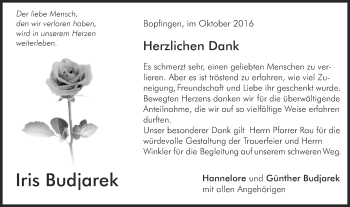Traueranzeige von Iris Budjarek von Schwäbische Post