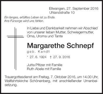 Traueranzeige von Margarethe Schnepf von Schwäbische Post