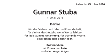 Traueranzeige von Gunnar Stuba von Schwäbische Post