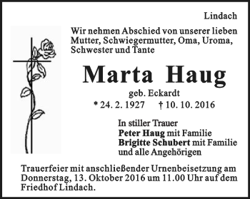 Traueranzeige von Marta Haug von Gmünder Tagespost