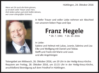 Traueranzeige von Franz Hegele von Schwäbische Post