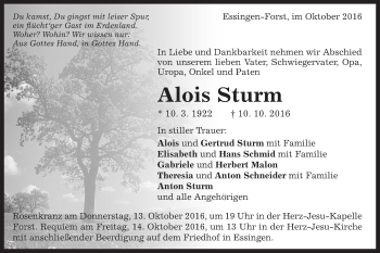 Traueranzeige von Alois Sturm von Schwäbische Post