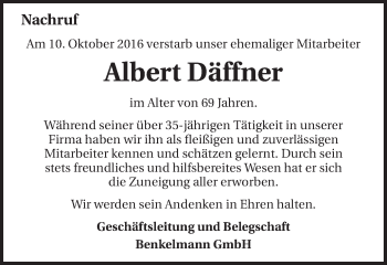 Traueranzeige von Albert Däffner von Schwäbische Post