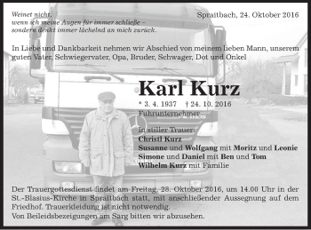 Traueranzeige von Karl Kurz von Gmünder Tagespost