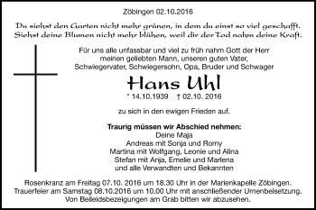 Traueranzeige von Hans Uhl von Schwäbische Post