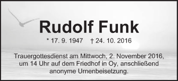 Traueranzeige von Rudolf Funk von Gmünder Tagespost