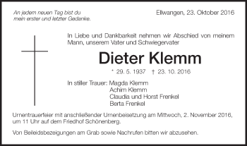 Traueranzeige von Dieter Klemm von Schwäbische Post