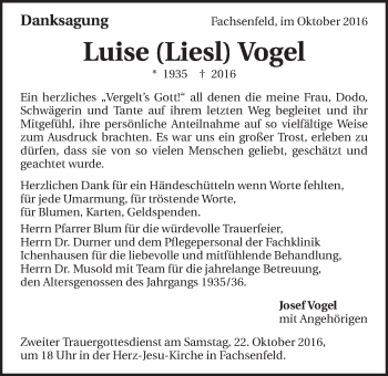 Traueranzeige von Luise Vogel von Schwäbische Post