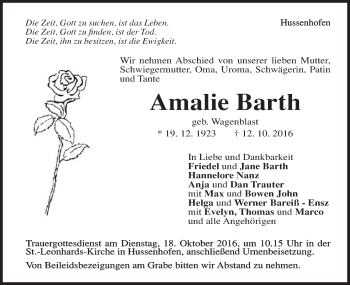 Traueranzeige von Amalie Barth von Gmünder Tagespost