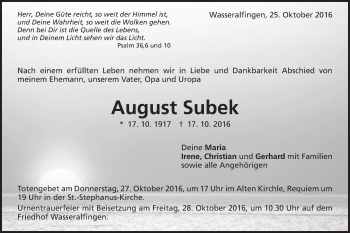 Traueranzeige von August Subek von Schwäbische Post