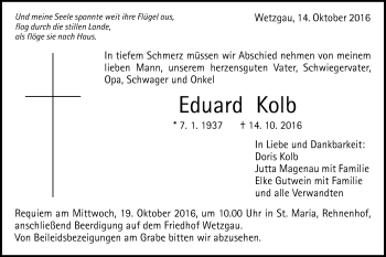 Traueranzeige von Eduard Kolb von Gmünder Tagespost