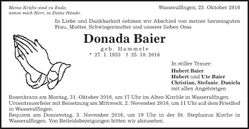 Traueranzeige von Donada Baier von Schwäbische Post