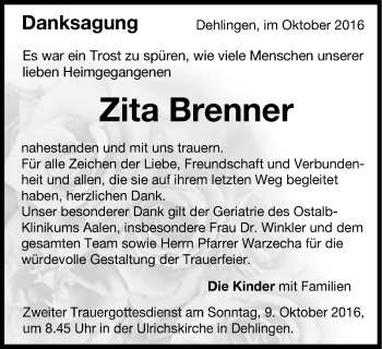 Traueranzeige von Zita Brenner von Schwäbische Post