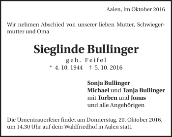Traueranzeige von Sieglinde Bullinger von Schwäbische Post
