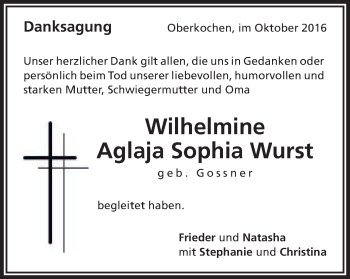 Traueranzeige von Wilhelmine Aglaja Sophia Wurst von Amtsblatt_Oko