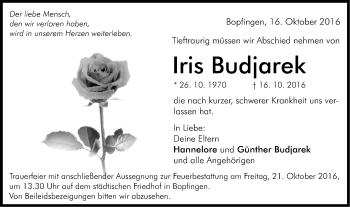 Traueranzeige von Iris Budjarek von Schwäbische Post