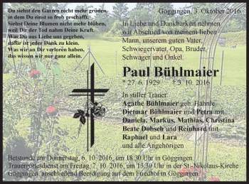 Traueranzeige von Paul Bühlmaier von Gmünder Tagespost