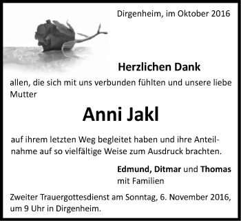 Traueranzeige von Anni Jakl von Schwäbische Post