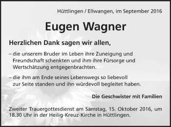 Traueranzeige von Eugen Wagner von Schwäbische Post