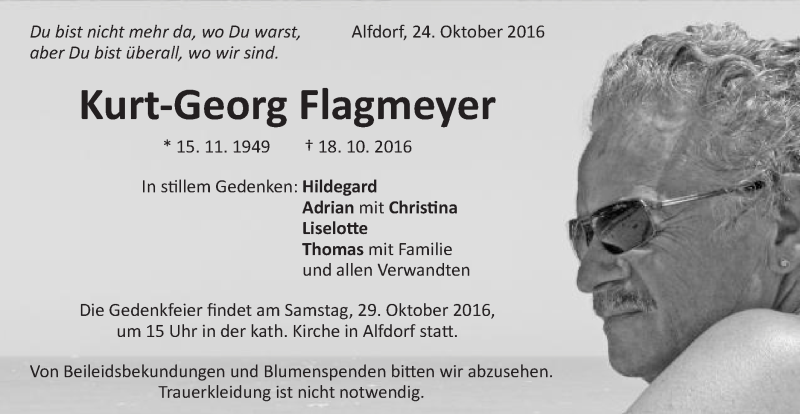  Traueranzeige für Kurt-Georg Flagmeyer vom 24.10.2016 aus Gmünder Tagespost