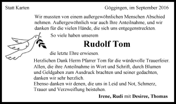 Traueranzeige von Rudolf Tom von Gmünder Tagespost