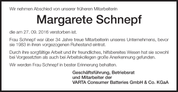 Traueranzeige von Margarete Schnepf von Schwäbische Post