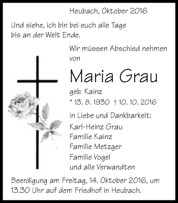 Traueranzeige von Maria Grau von Gmünder Tagespost