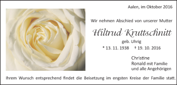 Traueranzeige von Hiltrud Kruttschnitt von Schwäbische Post