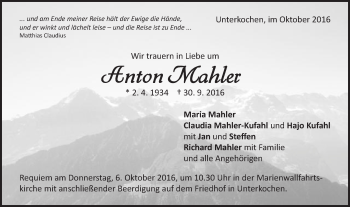 Traueranzeige von Anton Mahler von Schwäbische Post