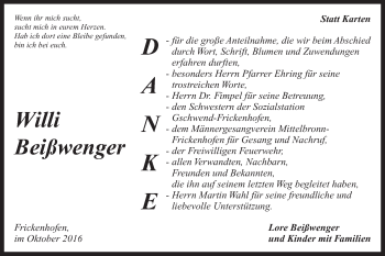 Traueranzeige von Willi Beißwenger von Gmünder Tagespost