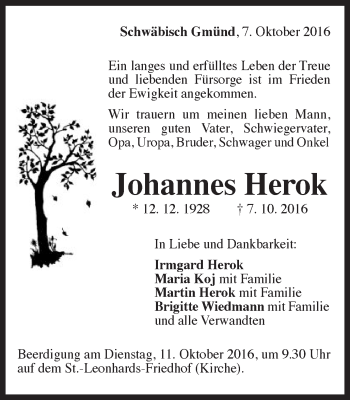 Traueranzeige von Johannes Herok