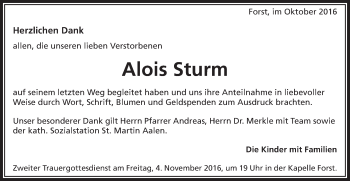 Traueranzeige von Alois Sturm von Schwäbische Post