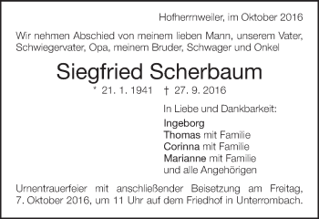 Traueranzeige von Siegfried Scherbaum von Schwäbische Post