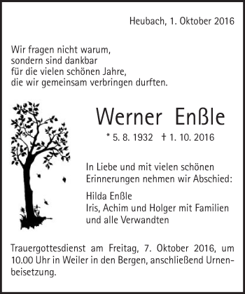 Traueranzeige von Werner Enßle von Gmünder Tagespost