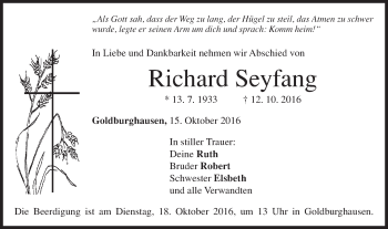 Traueranzeige von Richard Seyfang von Schwäbische Post