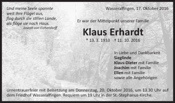 Traueranzeige von Klaus Erhardt von Schwäbische Post