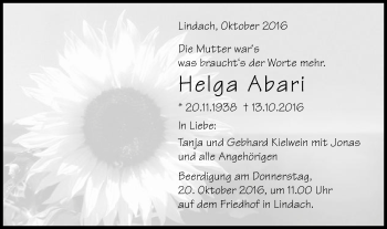 Traueranzeige von Helga Abari von Gmünder Tagespost