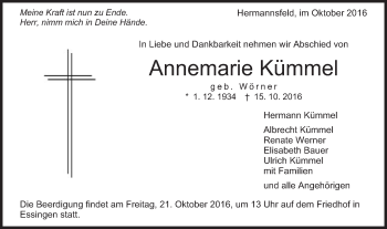 Traueranzeige von Annemarie Kümmel von Schwäbische Post