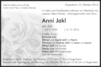 Traueranzeige von Anni Jakl von Schwäbische Post