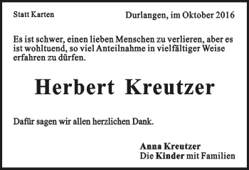 Traueranzeige von Herbert Kreutzer von Gmünder Tagespost