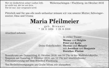 Traueranzeige von Maria Pfeilmeier von Schwäbische Post
