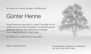 Traueranzeige von Günter Henne von Schwäbische Post