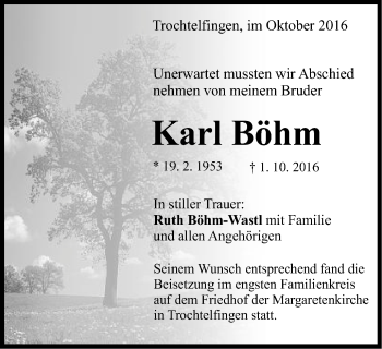Traueranzeige von Karl Böhm von Schwäbische Post