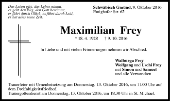 Traueranzeige von Maximilian Frey von Gmünder Tagespost